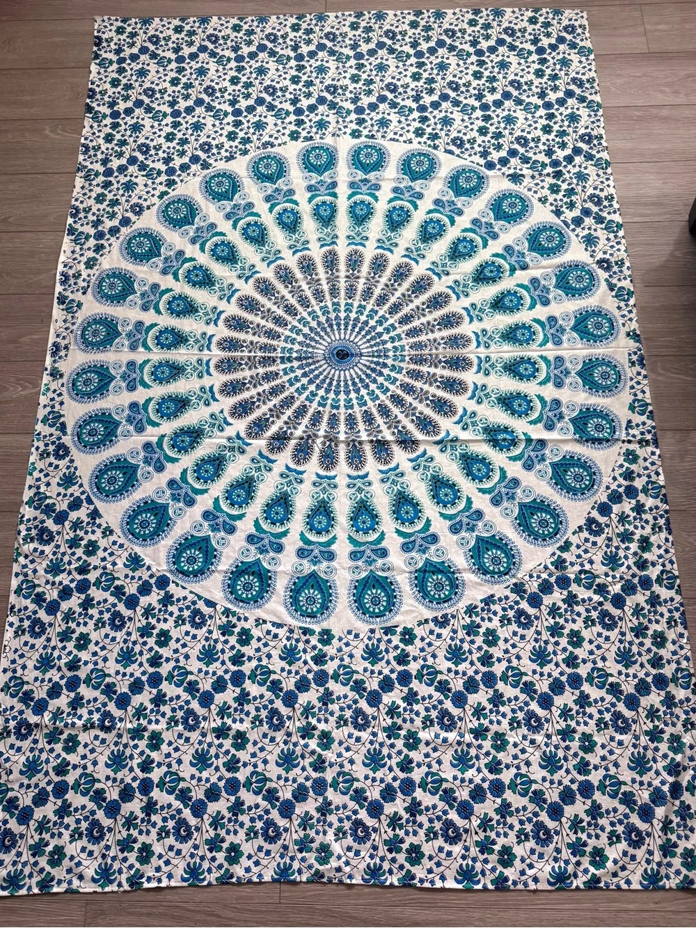 Beautiful blue teal white bohemian mandala cotton tapestry wall hanging dorm